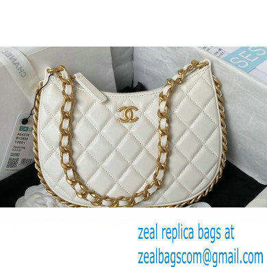 Chanel Shiny Crumpled Lambskin & Gold-Tone Metal Hobo Handbag AS4378 White 2023